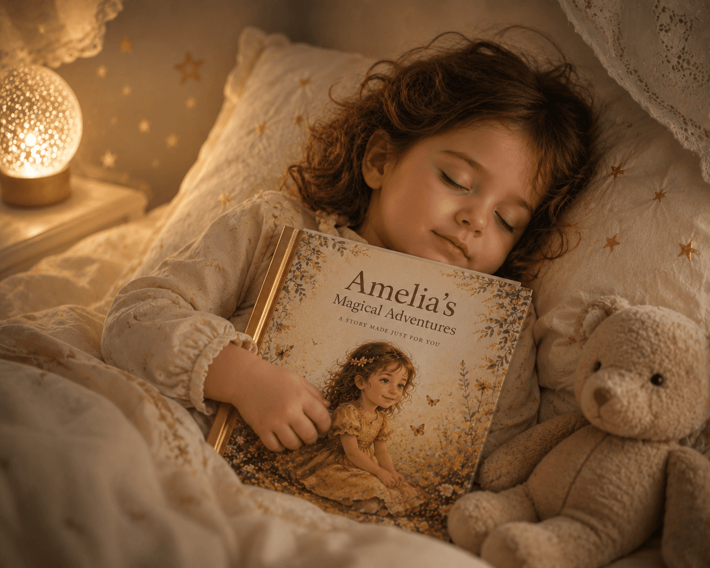 Kind schläft friedlich ein mit personalisiertem Kinderbuch in den Armen