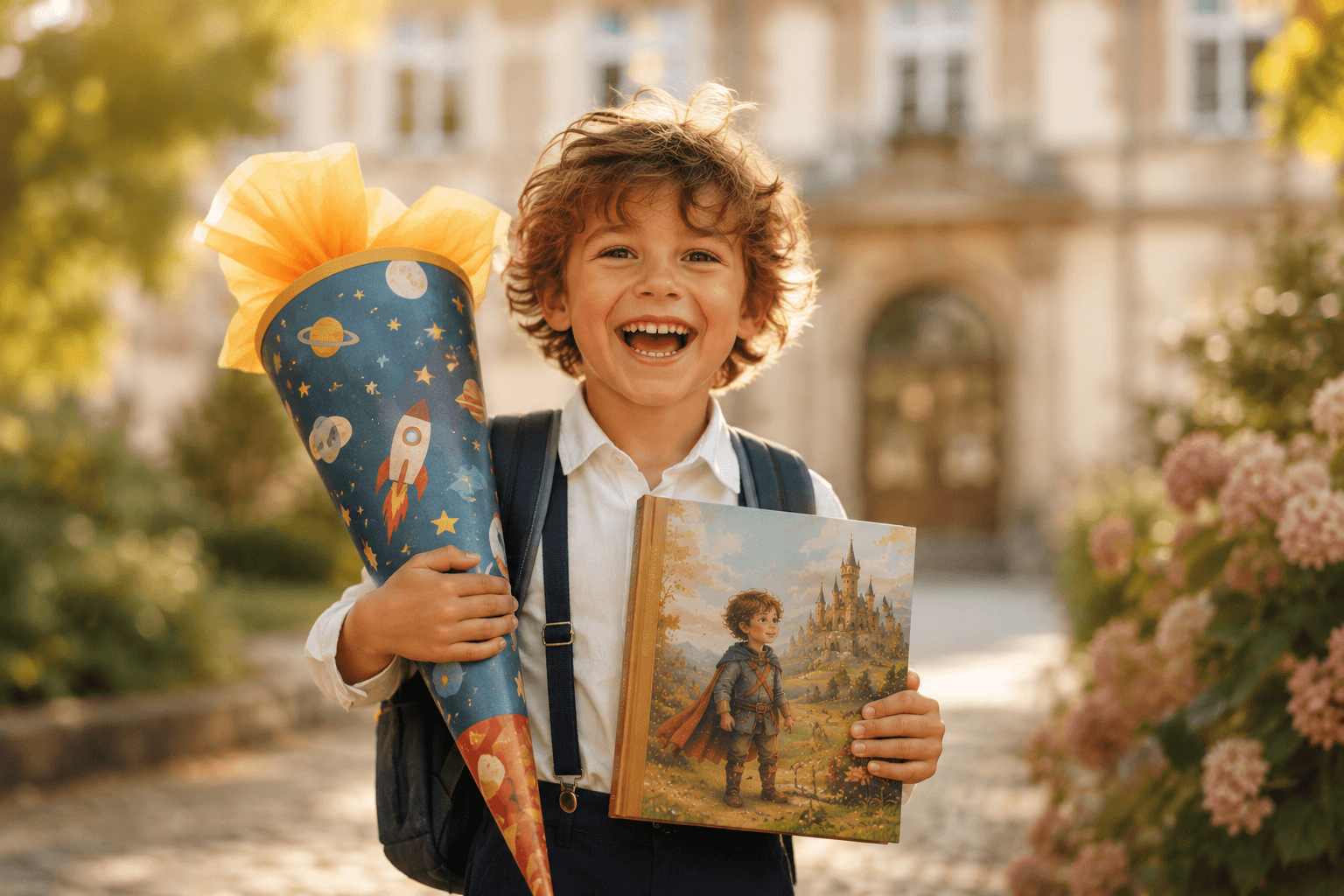 Kind mit Schultüte und personalisiertem Kinderbuch am ersten Schultag