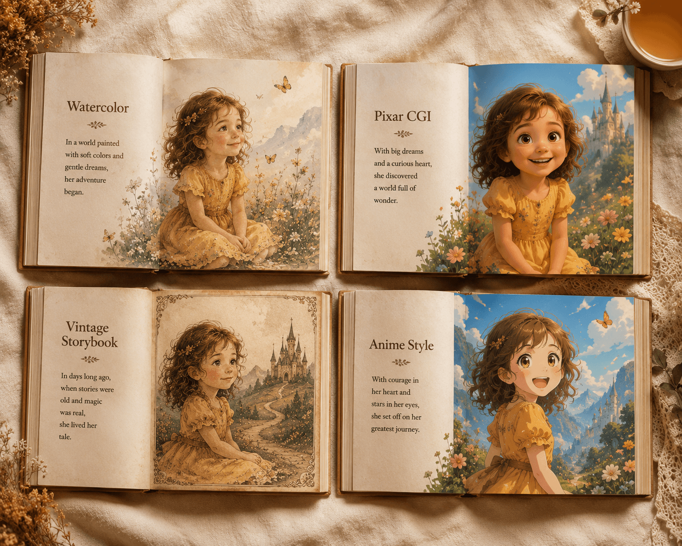 Verschiedene Kinderbuch-Illustrationsstile nebeneinander im Vergleich