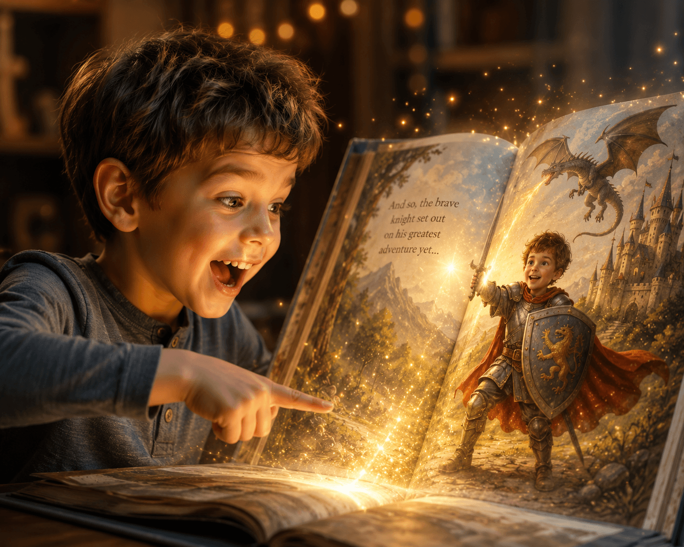 Kind entdeckt begeistert sich selbst als Held auf einer Buchseite