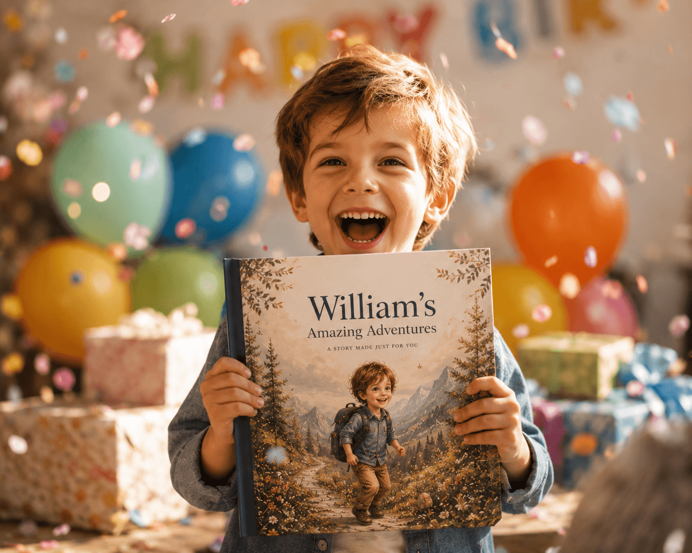 Kind am Geburtstag mit personalisiertem Buch — strahlend glücklich