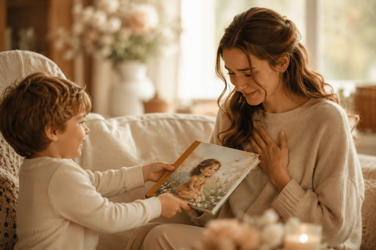 Mutter erhält personalisiertes Kinderbuch als Muttertagsgeschenk von ihrem Kind