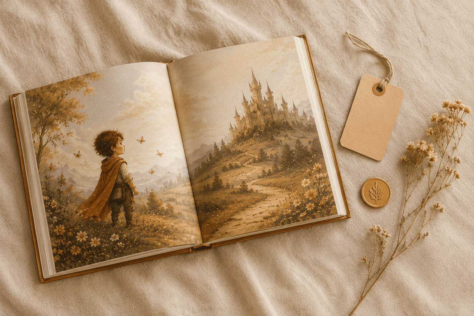 Personalisiertes Kinderbuch Kosten und Preise — Flat-Lay mit Buch und Preisschild