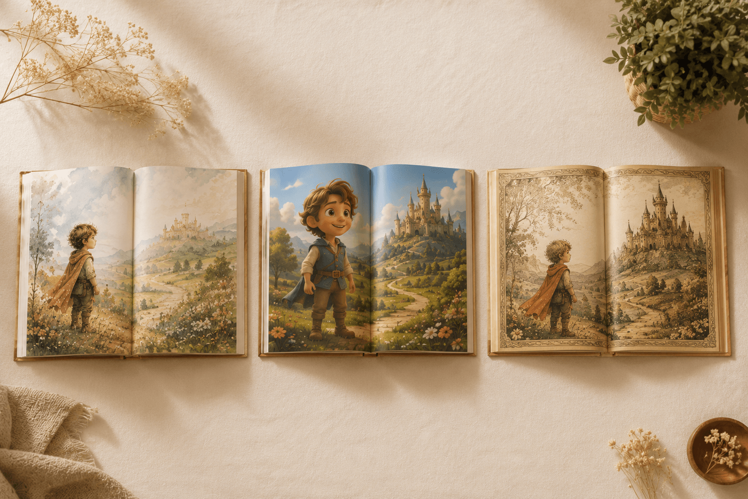 Drei personalisierte Kinderbücher im Vergleich — verschiedene Illustrationsstile nebeneinander