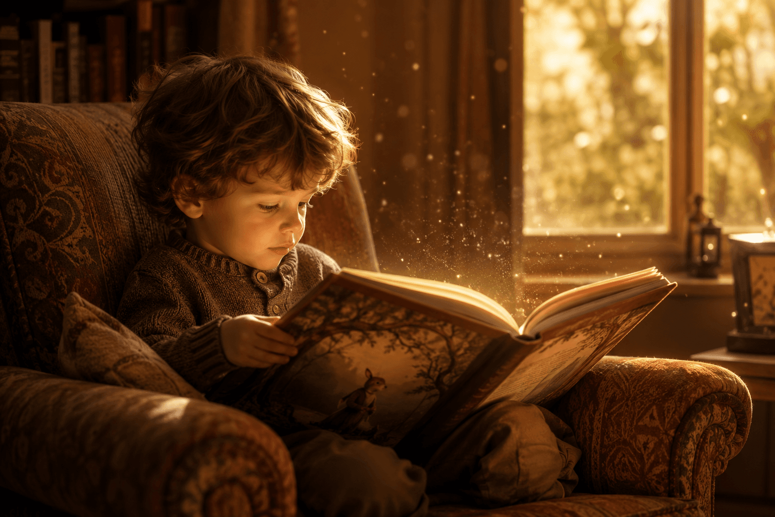 Kind liest mit großer Freude sein personalisiertes Kinderbuch im Sessel