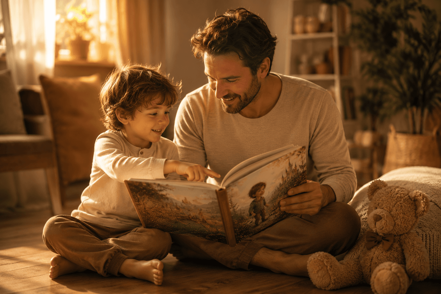 Vater liest seinem Kind ein personalisiertes Buch vor — Vatertag Geschenkidee