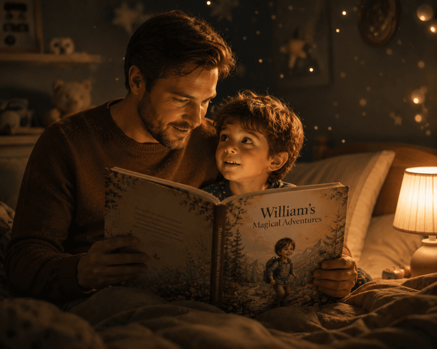 Vater liest seinem Sohn beim Einschlafen ein Kinderbuch vor