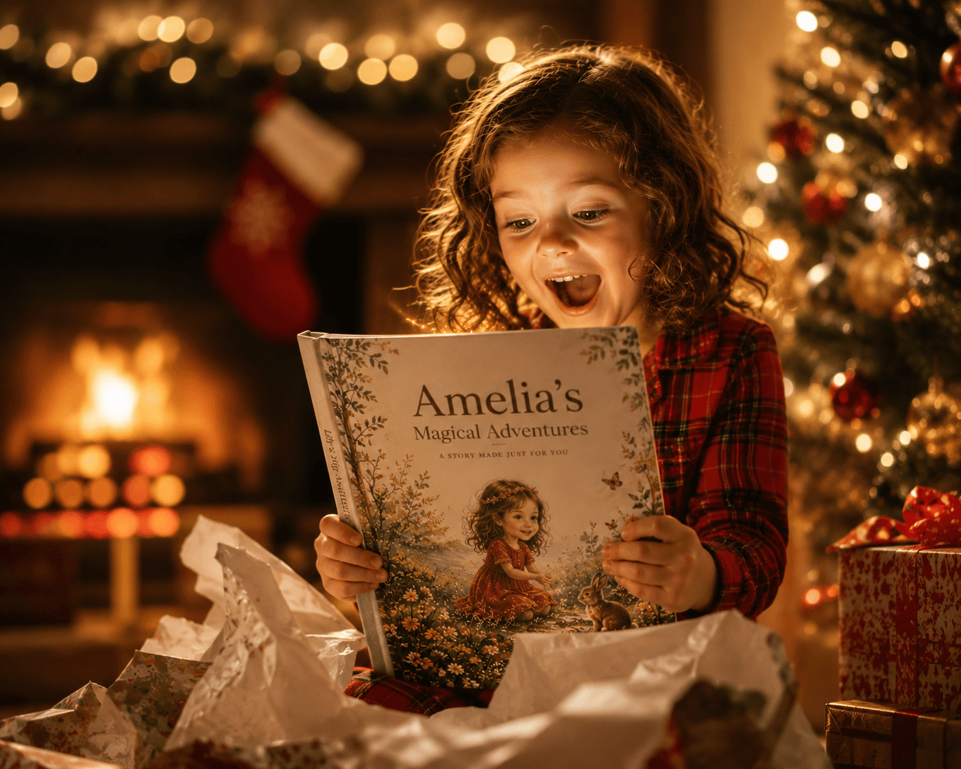Kind öffnet zu Weihnachten ein personalisiertes Buch als Geschenk