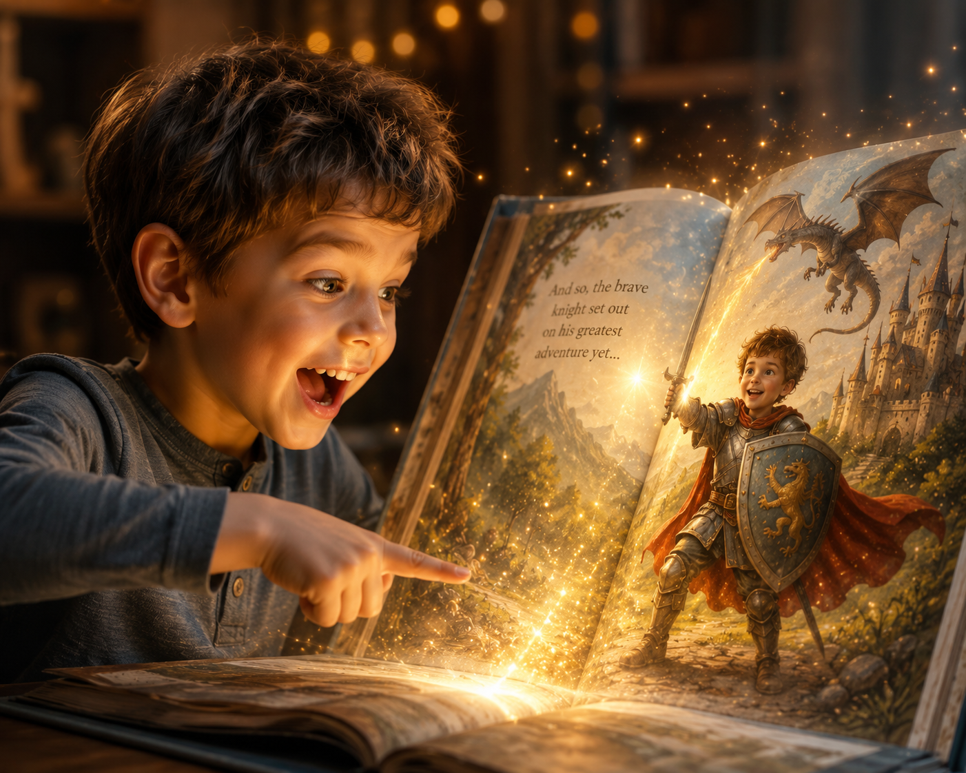 Kind entdeckt begeistert sich selbst als Held auf einer Buchseite