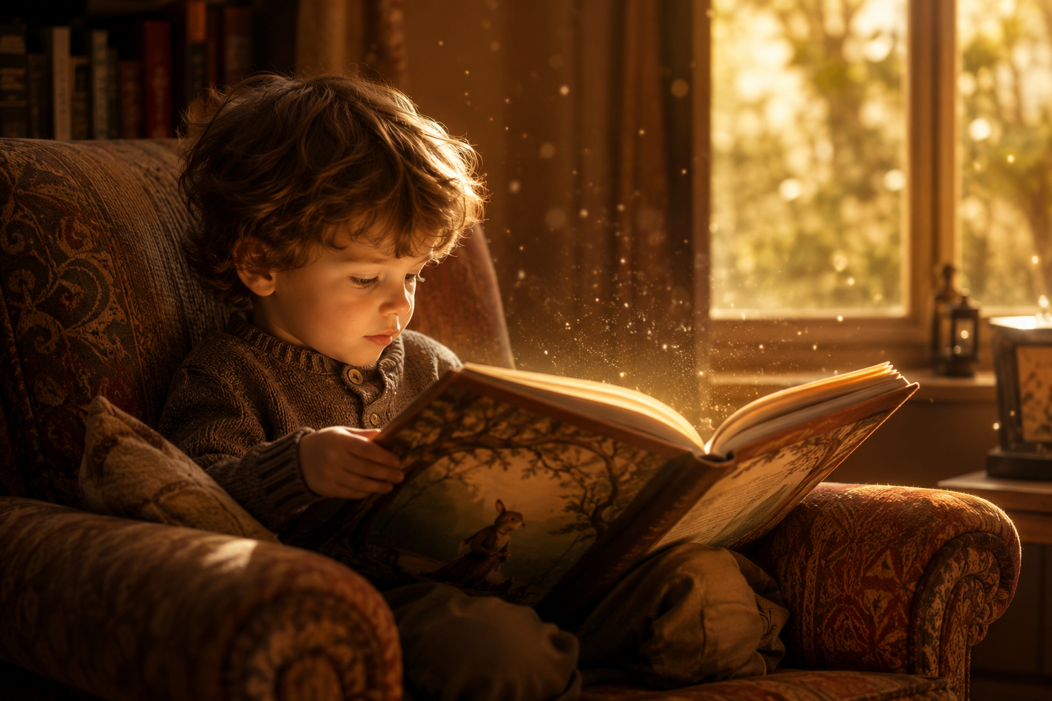 Kind liest mit großer Freude sein personalisiertes Kinderbuch im Sessel
